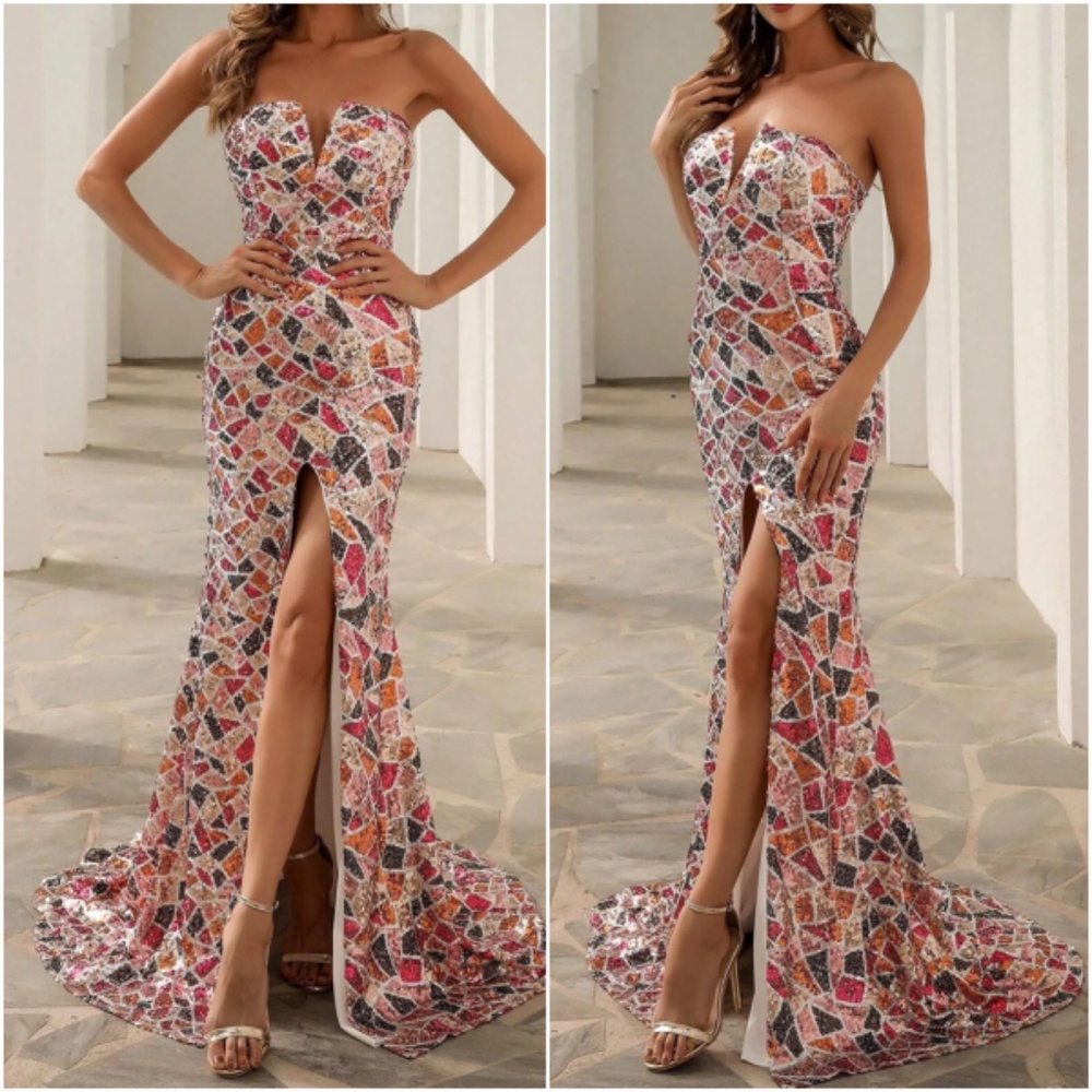 Luxe Colorful Sequin Strapless Formal Prom Wedding Dress